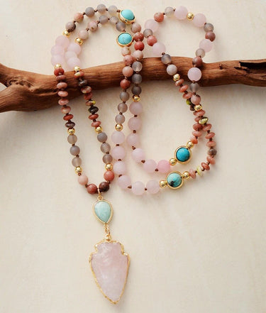 Pink Rose Quartz Arrowhead Mala Turquoise Necklace-Your Soul Place